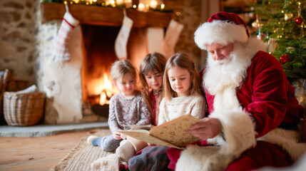 A santa reading a book to a group of children