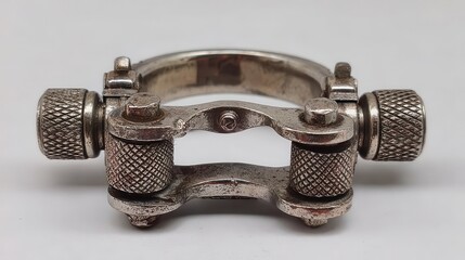 Close up view of metal surgical clamp against a white background