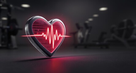 ultra photorealistic product photo of pulsating heart shaped as gym treadmill on graphite gray gym background