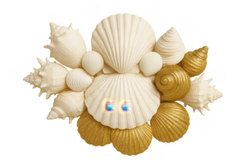 White and gold seashells arrangement on transparent background
