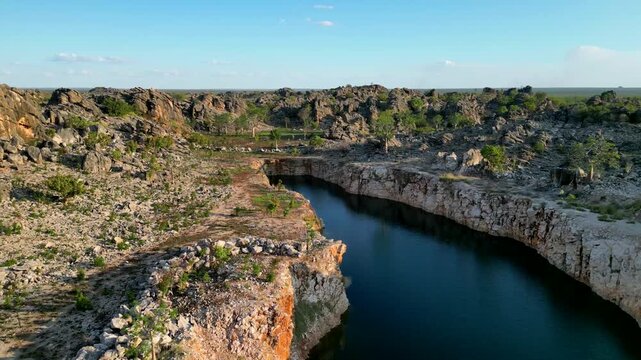 Flying along a gorge in the Kimberly region, Western Australia