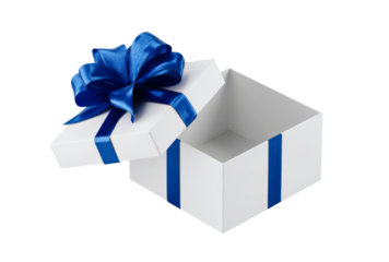 Open Gift: White box with royal blue bow, waiting for a delightful surprise.