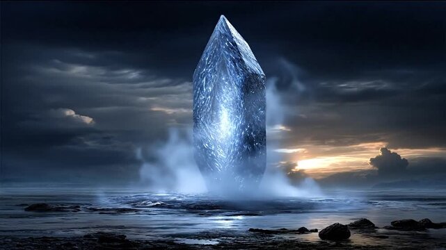 Large crystal formation on rocky shoreline against dramatic sky
