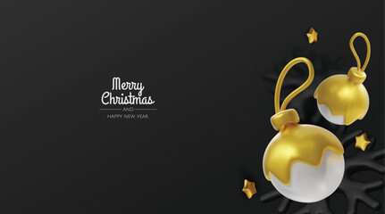 Modern black and gold Christmas design with decorative baubles and snowflakes, great for upscale holiday graphics, social media posts, and advertisements.