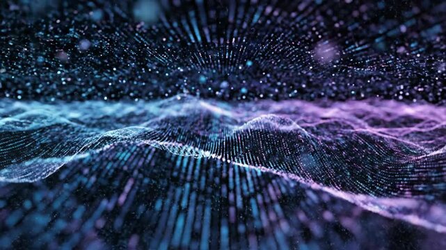Abstract digital landscape animation with particle effects and glowing lines