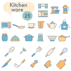 A set of minimalist icons of kitchen utensils in pastel colors with outlines.