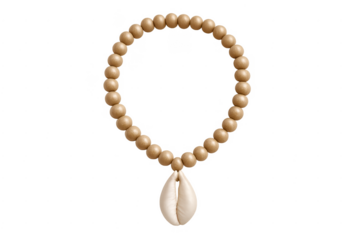 Wooden beaded necklace with cowrie shell pendant on transparent background