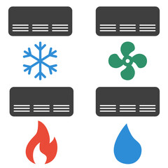 Air conditioning and climate control mode icons. A set of flat air conditioning icons.