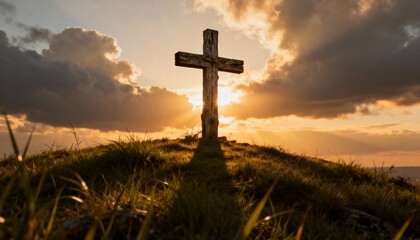 Wooden cross on a hill with clouds and sunlight breaking through, dramatic and spiritual scene, perfect for Christian, religious, inspirational, and Easter or memorial photography or artwork.
