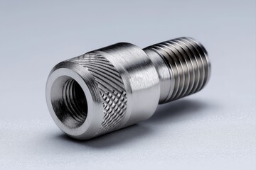 Macro side-view of asymmetric-knurled stainless threaded insert showing precise internal thread geometry and elongated axial layout on soft gray background