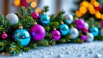 Obraz premium Festive Evergreen Garland with Metallic Ornaments and Warm Glow