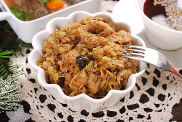 Christmas dishes sauerkraut with mushrooms, red borscht and carp in jelly