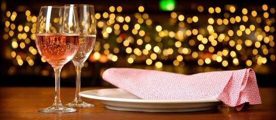 Elegant table setting with glasses of wine and a folded napkin