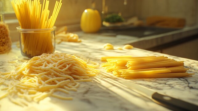 Assorted uncooked pasta on marble surface - Powered by Adobe