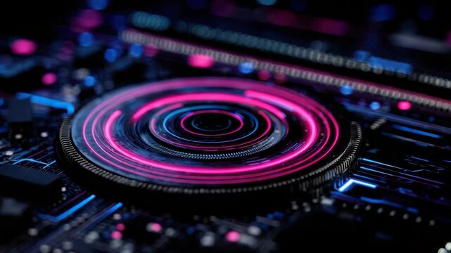 Detailed Abstract Motherboard with Circular Neon Light Patterns in Center with Dark Background Futuristic Technology Design and Vibrant Pink and Blue Lighting