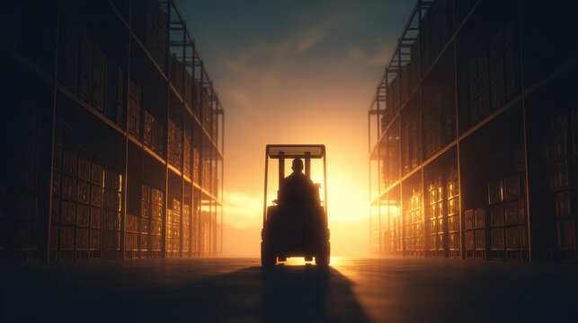 Forklift operator handling materials in a warehouse during sunset