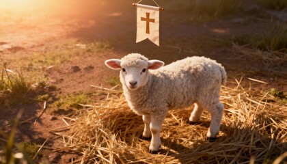Easter lamb with a cross flag, symbolic Christian element, representing resurrection and faith, perfect for Easter, Christian, religious, inspirational, and holiday-themed photography or artwork.

