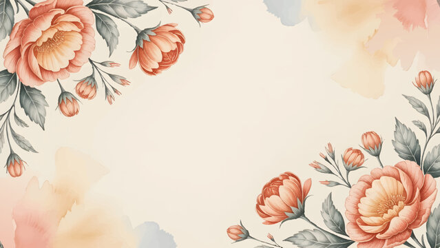 Muted watercolor floral background with peach peonies, Elegant salmon and grey botanical wedding invitation template, Vintage hand-painted flower border for greeting cards