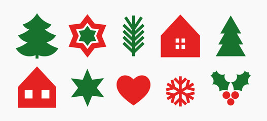 Christmas elements icons. Red and green holiday cute symbols. Christmas trees, houses, stars, holly berries and snowflake. Vector illustration.