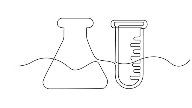 Animated self drawing of continuous one line draw chemistry laboratory glassware. Graduated lab tube, beaker and flask. Equipment for chemical test. Swirl curl style. Full length single line animation