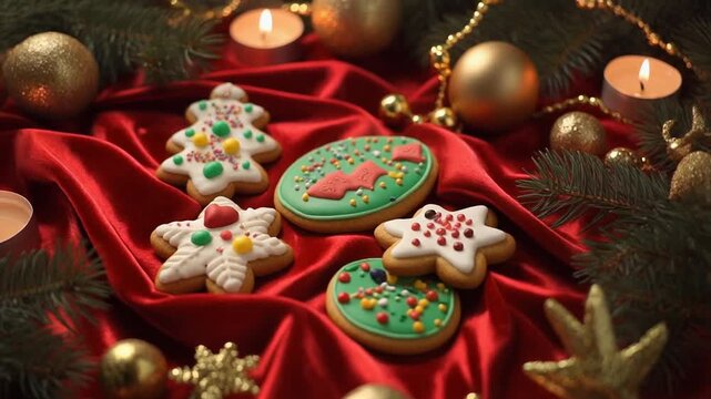 Weihnachtskekse auf rotem Samt drapiert