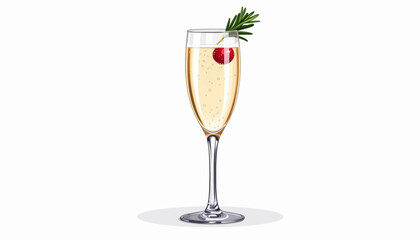 A festive champagne flute filled with a sparkling beverage, garnished with a sprig of rosemary and a red cranberry.