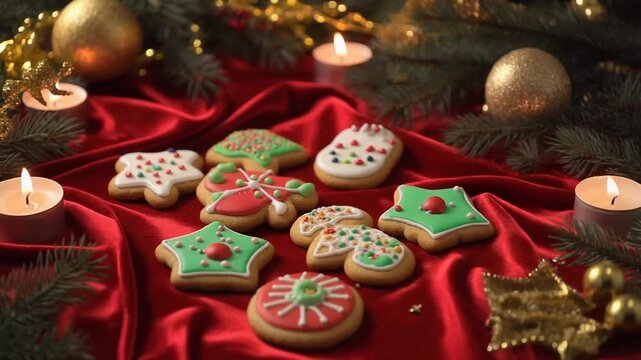 Weihnachtskekse auf rotem Samt drapiert