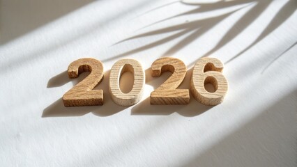 Simple Carved Wooden 2026 Number on Minimal White Background