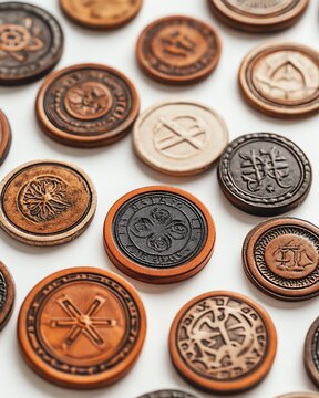Colorful assortment of unique wooden tokens.
