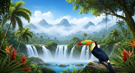 Naklejka premium Lush tropical jungle waterfall scene with toucan bird