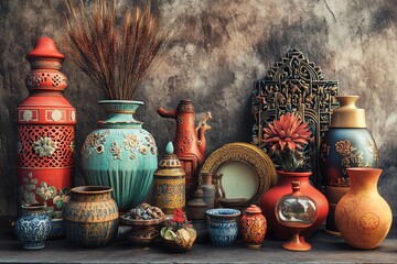 Colorful traditional pottery and decorative vases.