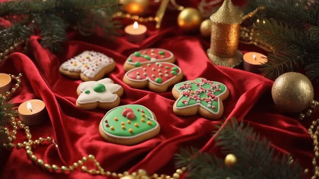 Weihnachtskekse auf rotem Samt drapiert