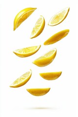 Falling identical lemon slices floating in the air isolated on white background