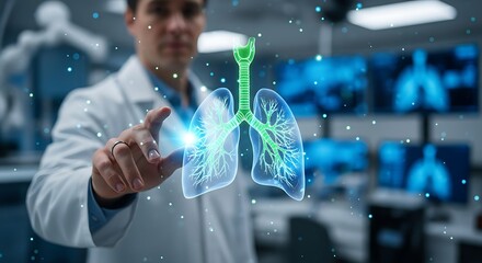 Medical Professional Pointing at Digital Lungs A Concept Depicting Healthcare and Respiratory Health