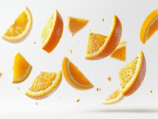 Falling identical orange slices floating in the air isolated on white background