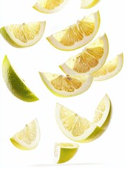 Falling identical pomelo slices floating in the air isolated on white background