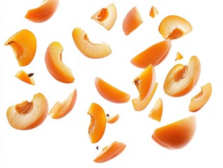Falling slices apricot cut into pieces floating in the air with sharp shapes isolated on white background