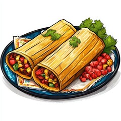 Mexican tamales national cuisine dish isolated on white background, colorful cartoon illustration