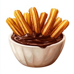 Spanish food churros con chocolate national cuisine dish isolated on white background, colorful cartoon illustration