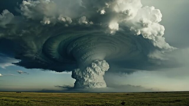 Powerful Supercell Thunderstorm Cloud Looming Over Expansive Grassy Plains