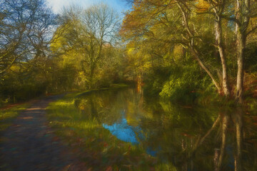 A digital illustration capturing autumn scenics along the Leek branch of the Caldon canal waterway.