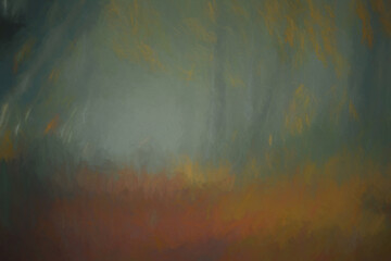 A digital illustration of arching beech trees with autumn foliage and a misty woodland path at Upper Moor in the Derbyshire Dales.