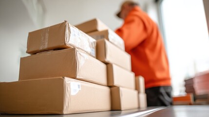 Logistic worker organizing cardboard packages in warehouse