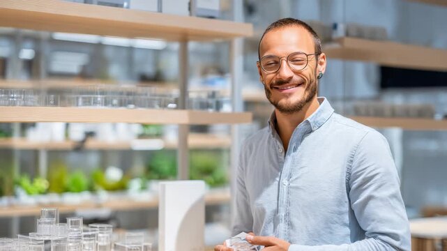 A stylish male customer stands in a trendy shop, holding a glass item and smiling warmly. The background features organized shelves with glassware and green plants, highlighting a modern retail vibe