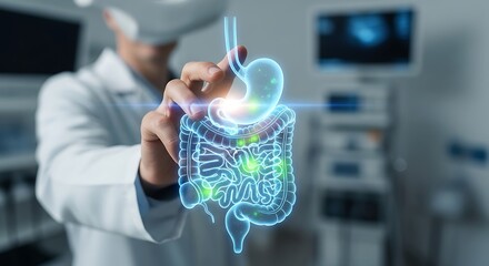 A doctor in a virtual reality headset interacts with a futuristic 3D holographic model of the human digestive system for advanced medical analysis