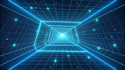 Blue neon grid tunnel with distant bright light