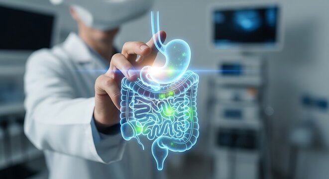 A doctor in a virtual reality headset interacts with a futuristic 3D holographic model of the human digestive system for advanced medical analysis
