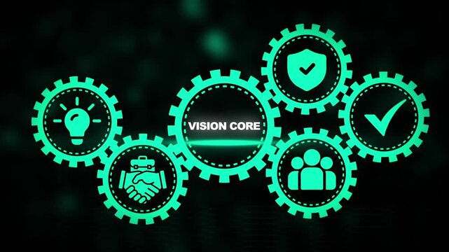 Conceptual illustration of interconnected gears representing business vision and core values with icons for ideas teamwork security and success