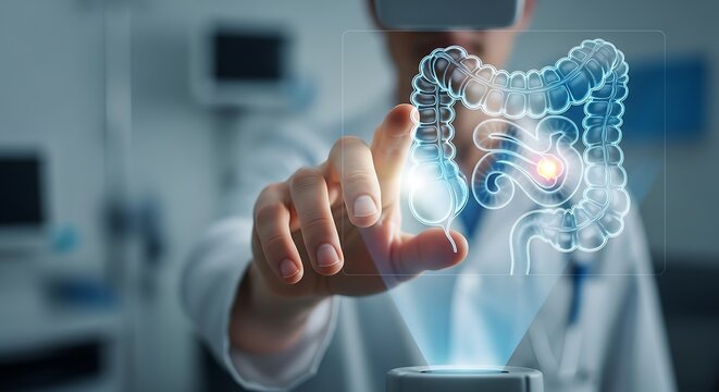 Doctor in virtual reality glasses examining a holographic projection of the human intestine to diagnose a disease