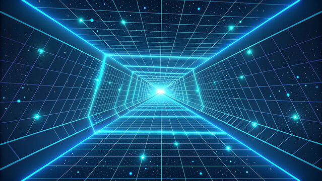 Blue neon grid tunnel with distant bright light